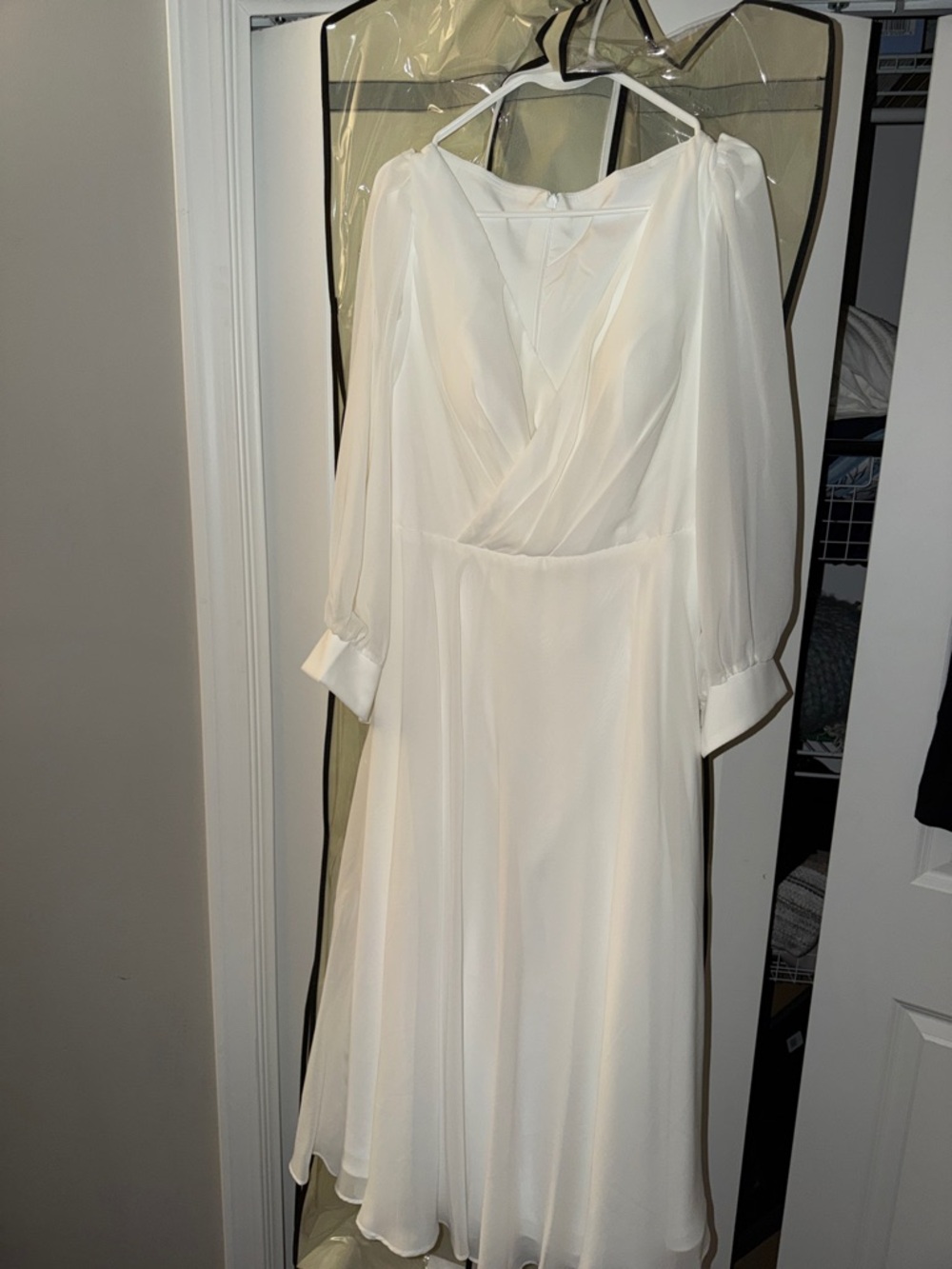 White Long-Sleeve V-Neck Midi Dress - Women's Elegant Occasion Dress